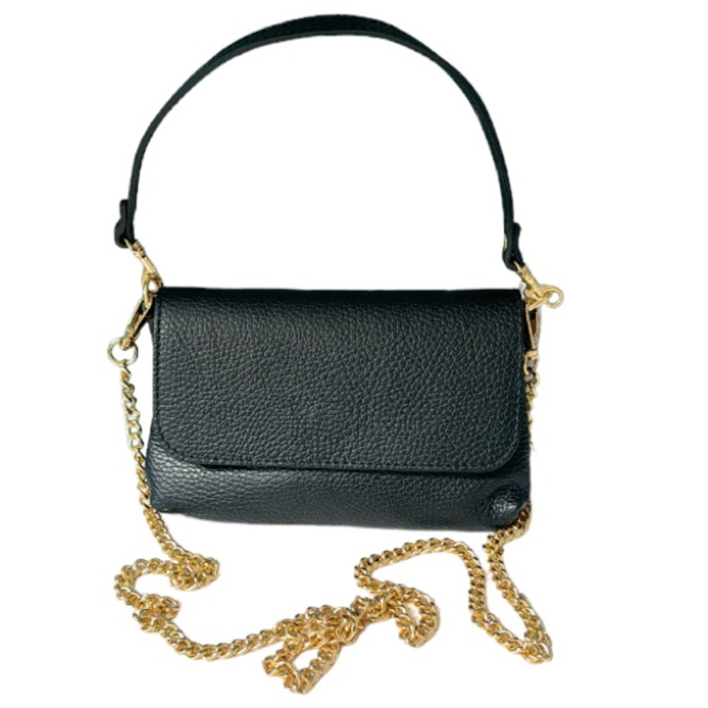 GF black genuine leather gold chain convertible crossbody snap closure handbag
